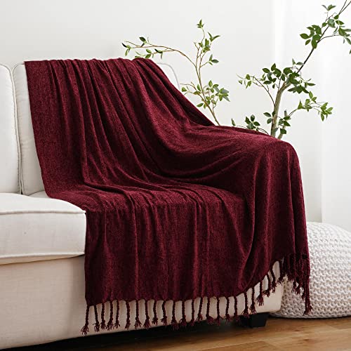 BATTILO HOME Burgundy Chenille Throw Blanket for Couch, Decorative Fringe Velvety Red Throw Blanket for Sofa Home Décor, 50"x60"