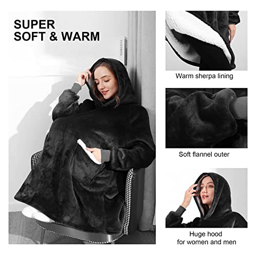 Wearable Blanket Hoodie,Super Soft Warm Plush Hooded Blanket for Adult Women Men, One Size Fits All. (Black)