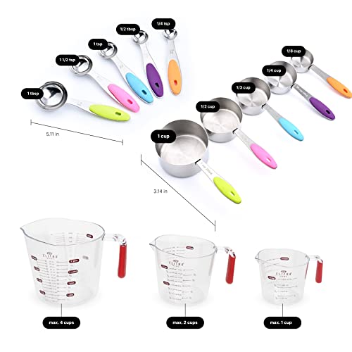 Measuring Cups and Spoons Set 13 Piece. Includes 10 Stainless Steel Measuring Spoons and 3 Plastic Measuring Cup – By Elitra Home