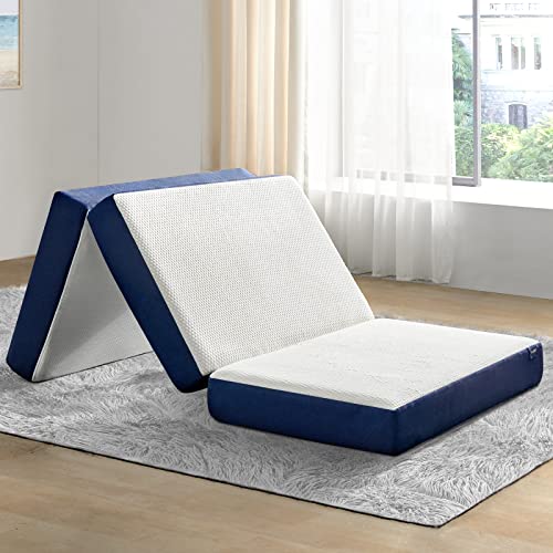 Molblly Folding Mattress, 3 inch Memory Foam Tri Folding Mattress, Portable Trifold Mattress Topper with Breathable & Washable Cover, Foldable Mattress Guest Bed for Camping, Twin Size - 38"x 75"x 3"