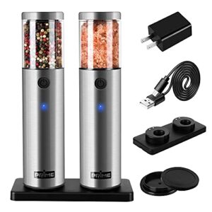 prime, electric salt and pepper grinder set, 2 mills, rechargeable, with charging base, usb cable, power adapter, automatic tact switch operation, adjustable coarseness, stainless steel (ver. 2.2)