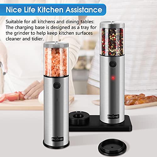 PRIME, Electric Salt and Pepper Grinder Set, 2 Mills, Rechargeable, With Charging Base, USB Cable, Power Adapter, Automatic Tact Switch Operation, Adjustable Coarseness, Stainless Steel (Ver. 2.2)