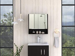 tuhome jaspe 24-inch wide mirror cabinet with 3 internal shelves, 1 open shelf, and double door cabinet, black wenge