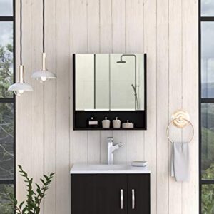 Tuhome Jaspe 24-inch Wide Mirror Cabinet with 3 Internal Shelves, 1 Open Shelf, and Double Door Cabinet, Black Wenge