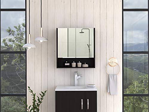 Tuhome Jaspe 24-inch Wide Mirror Cabinet with 3 Internal Shelves, 1 Open Shelf, and Double Door Cabinet, Black Wenge