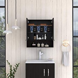 Tuhome Jaspe 24-inch Wide Mirror Cabinet with 3 Internal Shelves, 1 Open Shelf, and Double Door Cabinet, Black Wenge