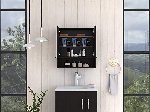 Tuhome Jaspe 24-inch Wide Mirror Cabinet with 3 Internal Shelves, 1 Open Shelf, and Double Door Cabinet, Black Wenge