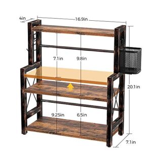 Rolanstar Spice Rack Organizer with Wire Basket, 3-Tier Kitchen Shelf, Wooden Spice Organizer with 2 Hooks, Countertop Bathroom Storage Shelf, Seasoning Rack Rustic, Brown