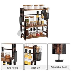 Rolanstar Spice Rack Organizer with Wire Basket, 3-Tier Kitchen Shelf, Wooden Spice Organizer with 2 Hooks, Countertop Bathroom Storage Shelf, Seasoning Rack Rustic, Brown