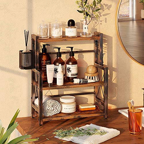 Rolanstar Spice Rack Organizer with Wire Basket, 3-Tier Kitchen Shelf, Wooden Spice Organizer with 2 Hooks, Countertop Bathroom Storage Shelf, Seasoning Rack Rustic, Brown