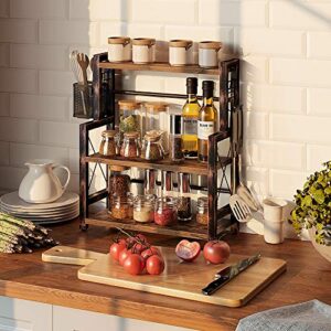 Rolanstar Spice Rack Organizer with Wire Basket, 3-Tier Kitchen Shelf, Wooden Spice Organizer with 2 Hooks, Countertop Bathroom Storage Shelf, Seasoning Rack Rustic, Brown