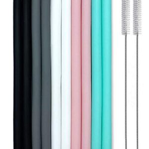 Silicone Straws Set of 10 Straight Smoothies Straws Large Silicon Reusable Drinking Straws with Cleaning Brushes Extra Long for Yeti/Rtic/Ozark 20oz and 30oz Tumbler - Flexible Chewy & Safe for Kids