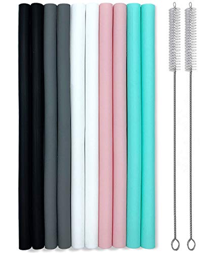 Silicone Straws Set of 10 Straight Smoothies Straws Large Silicon Reusable Drinking Straws with Cleaning Brushes Extra Long for Yeti/Rtic/Ozark 20oz and 30oz Tumbler - Flexible Chewy & Safe for Kids