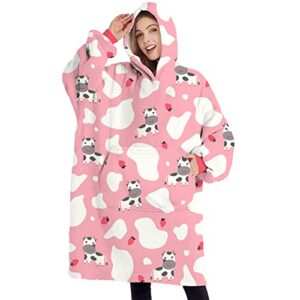 blanket hoodie women pink cow pattern blanket hoodie,cute strawberry pattern oversized blanket sweatshirt with pockets for adults,thanksgiving christmas valentine gifts for women