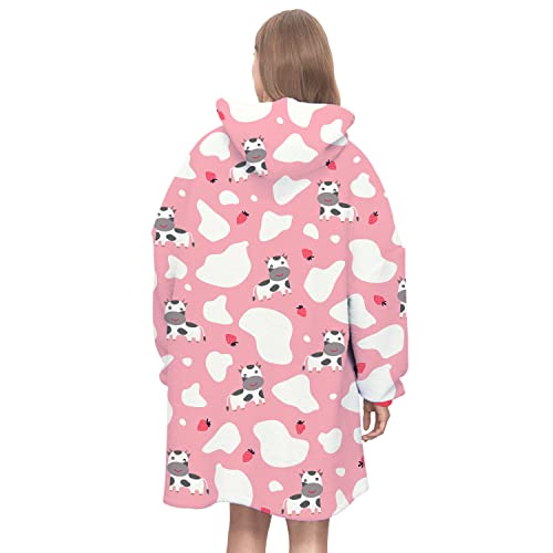 Blanket Hoodie Women Pink Cow Pattern Blanket Hoodie,Cute Strawberry Pattern Oversized Blanket Sweatshirt with Pockets for Adults,Thanksgiving Christmas Valentine Gifts for Women