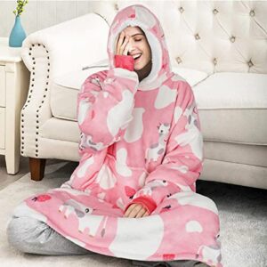 Blanket Hoodie Women Pink Cow Pattern Blanket Hoodie,Cute Strawberry Pattern Oversized Blanket Sweatshirt with Pockets for Adults,Thanksgiving Christmas Valentine Gifts for Women