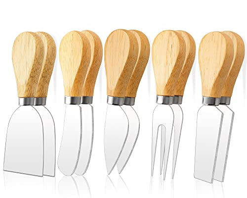 10Pcs Cheese Knives, Premium Cheese Knife Set for Charcuterie Board, Mini Steel Stainless Cheese Knife, Cheese Spreader, Cheese Fork with Wooden Handle for Charcuterie Knife Set