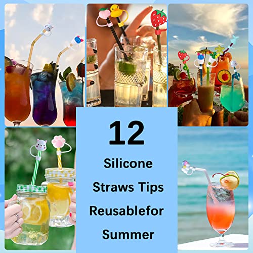 12 Pack Reusable Silicone Straw Tips Cover for 6 to 8 mm Straws, Portable Cute Straw Caps Covers Creative Straw Plug Drinking Dust Cap for Home Kitchen Accessories…