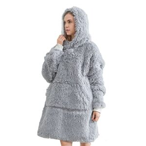 aelos plush fuzzy shaggy faux fur wearable blanket hoodie,luxury sherpa blanket sweatshirt for adult,ovesized cozy hoodie blanket gifts for women and men,one size fits all(gray)