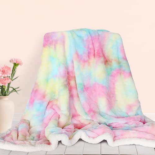 Sleepwish Cute Fuzzy Unicorn Blanket - Girls Rainbow Decorative Sofa Couch and Floor Throw Warm Cozy Super Soft Bed Cover Long Shaggy Hair Faux Fur Sherpa Pastel Pink Gifts for Women 63 x 79 Inches