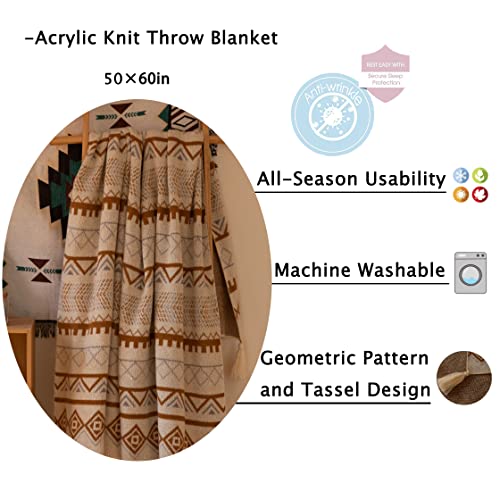 HT&PJ Knit Throw Blanket Boho Throw Blanket with Tassels Super Soft Warm Cozy Decorative Blanket for Bed, Sofa, Couch, Living Room All Seasons-Brown, 50"×60"