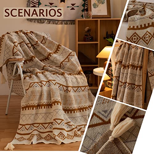 HT&PJ Knit Throw Blanket Boho Throw Blanket with Tassels Super Soft Warm Cozy Decorative Blanket for Bed, Sofa, Couch, Living Room All Seasons-Brown, 50"×60"