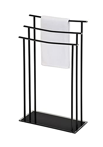 Pilaster Design Modern Hamzi Triple Free Standing Bathroom Towel Rack Stand, Black Metal with Tempered Glass