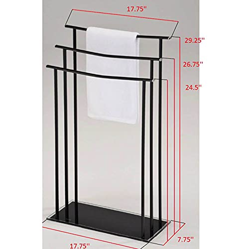 Pilaster Design Modern Hamzi Triple Free Standing Bathroom Towel Rack Stand, Black Metal with Tempered Glass