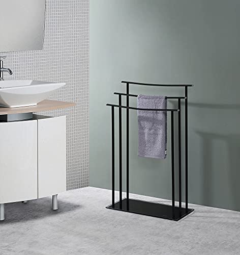 Pilaster Design Modern Hamzi Triple Free Standing Bathroom Towel Rack Stand, Black Metal with Tempered Glass