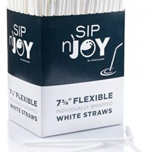 Crystalware Bulk Pack of 380 Flexible Plastic Drinking Straws - White, Individually Wrapped, Food-Safe BPA Free, 7.75 Inches Long (380 Straws)