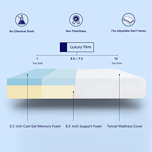 Sunrising Bedding 12" Gel Memory Foam Mattress Queen Size, Firm, No Harmful Chemicals, No Fiberglass, Adjustable Bed Frame Compatible