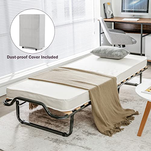 Giantex Folding Bed with Mattresses for Adults, Portable Foldable Guest Bed with Storage Cover & Memory Foam Mattress, Space-Saving Fold up Bed for Home Office Easy Storage, Made in Italy