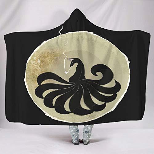 Black Kitsune Ninetails Ukiyoe Japanese Style Traditional Fox Smoke Artwork Print Hooded Blankets Traditional Cuddly Warm Winter Plush Sherpa Shawl Wrap for Adults Kids Playing white 50x60 inch