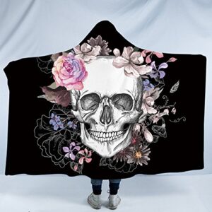 sleepwish sugar skull plush wearable hooded blanket skull flowers floral watercolor fleece blanket poppy rose sherpa blanket (adults 60"x 80")