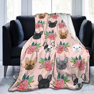 HAZIMCS Flannel Fleece Plush Throw Blanket,French Bulldog Floral Dog Cute pet Gifts Dog Breed Throw for Spring Recliner, Air Conditioning Blanket Quality Washable 50"x40"