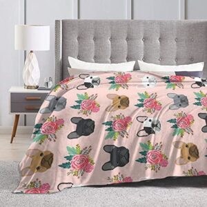 HAZIMCS Flannel Fleece Plush Throw Blanket,French Bulldog Floral Dog Cute pet Gifts Dog Breed Throw for Spring Recliner, Air Conditioning Blanket Quality Washable 50"x40"