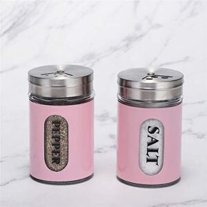 Salt and Pepper Shakers Stainless Steel and Glass Set with Adjustable Pour Holes (Pink)