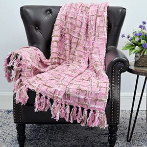 home soft things multi-color chenille couch throw blanket, light pink, 50" x 60'' soft warm cozy tartan blanket with tassels throw blanket for living room bed sofa chair décor