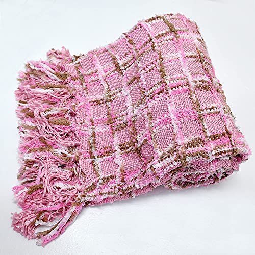 Home Soft Things Multi-Color Chenille Couch Throw Blanket, Light Pink, 50" x 60'' Soft Warm Cozy Tartan Blanket with Tassels Throw Blanket for Living Room Bed Sofa Chair Décor