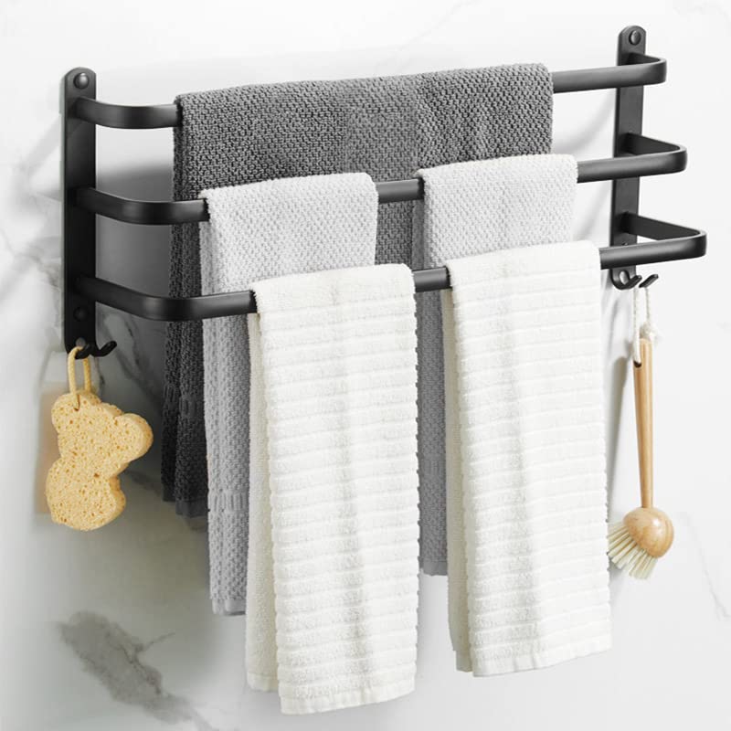 Kindream 3 Tier Towel Bars Hanger Rack Aluminum Towel Holder, 3-Tier Ladder Adhesive Towel Rack Storage Organizer Wall Mounted Space Saving for Bathroom Kitchen Hotel,Black 24Inch