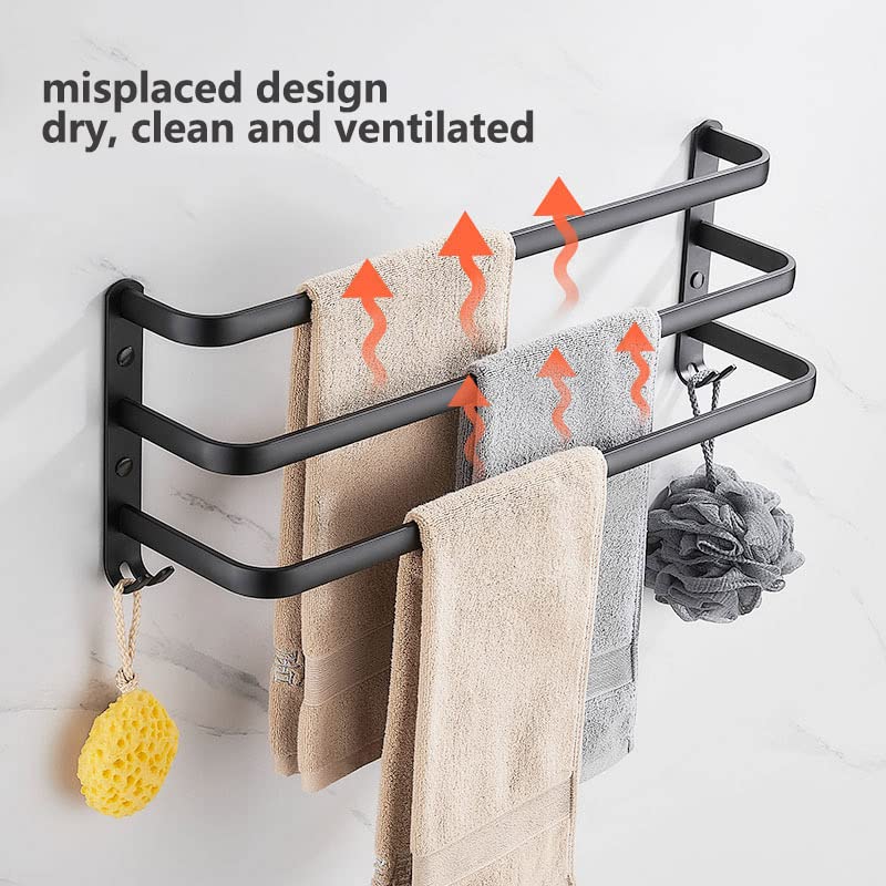 Kindream 3 Tier Towel Bars Hanger Rack Aluminum Towel Holder, 3-Tier Ladder Adhesive Towel Rack Storage Organizer Wall Mounted Space Saving for Bathroom Kitchen Hotel,Black 24Inch