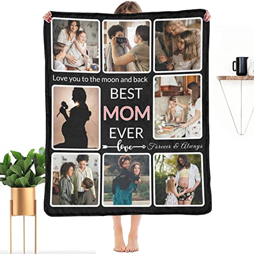 SHIYEL Gifts for Mom Customized Blanket with Photo, Make a Personalized Mother's Day Blankets with Picture Custom Memories Souvenir Sublimation Throw Blanket for Best Mom Ever, 8 Collage Made in USA