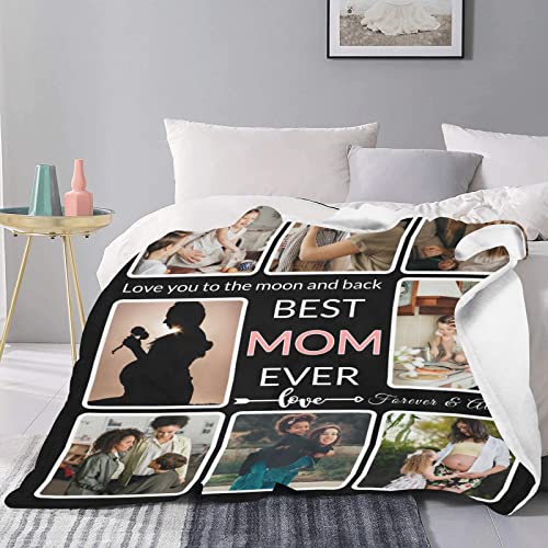 SHIYEL Gifts for Mom Customized Blanket with Photo, Make a Personalized Mother's Day Blankets with Picture Custom Memories Souvenir Sublimation Throw Blanket for Best Mom Ever, 8 Collage Made in USA