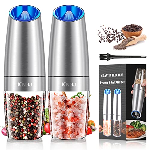 Gravity Electric Salt and Pepper Grinder Set, Automatic Pepper and Salt Mill Grinder,Battery-Operated with Adjustable Coarseness, Premium Stainless Steel with LED Light, One Hand Operated