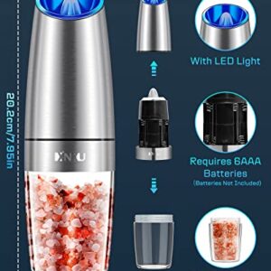 Gravity Electric Salt and Pepper Grinder Set, Automatic Pepper and Salt Mill Grinder,Battery-Operated with Adjustable Coarseness, Premium Stainless Steel with LED Light, One Hand Operated