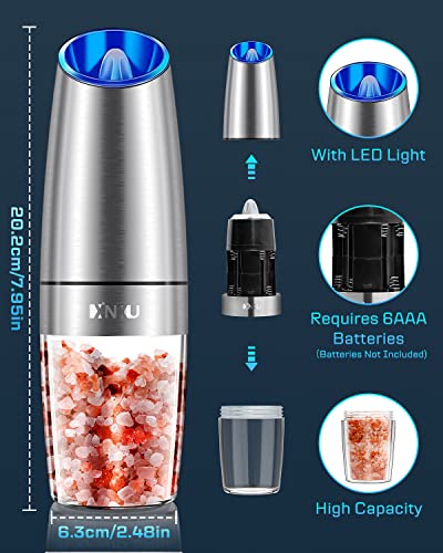 Gravity Electric Salt and Pepper Grinder Set, Automatic Pepper and Salt Mill Grinder,Battery-Operated with Adjustable Coarseness, Premium Stainless Steel with LED Light, One Hand Operated