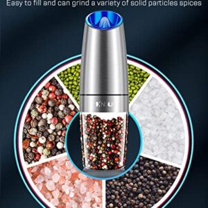 Gravity Electric Salt and Pepper Grinder Set, Automatic Pepper and Salt Mill Grinder,Battery-Operated with Adjustable Coarseness, Premium Stainless Steel with LED Light, One Hand Operated