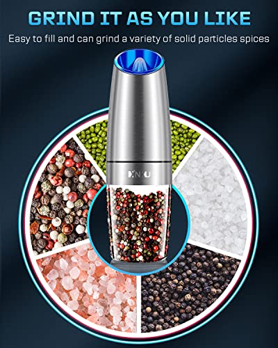 Gravity Electric Salt and Pepper Grinder Set, Automatic Pepper and Salt Mill Grinder,Battery-Operated with Adjustable Coarseness, Premium Stainless Steel with LED Light, One Hand Operated