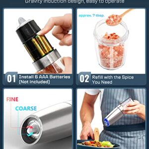 Gravity Electric Salt and Pepper Grinder Set, Automatic Pepper and Salt Mill Grinder,Battery-Operated with Adjustable Coarseness, Premium Stainless Steel with LED Light, One Hand Operated