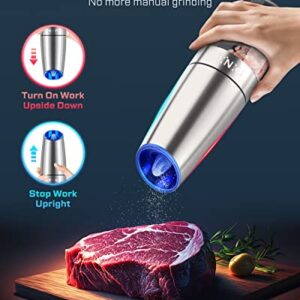 Gravity Electric Salt and Pepper Grinder Set, Automatic Pepper and Salt Mill Grinder,Battery-Operated with Adjustable Coarseness, Premium Stainless Steel with LED Light, One Hand Operated